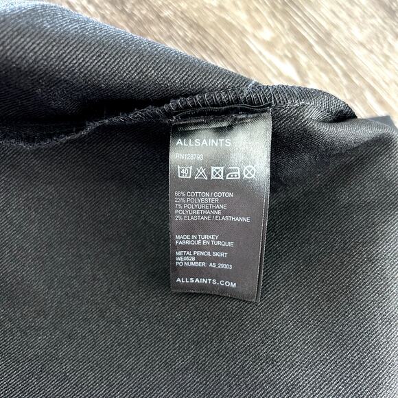 AllSaints Black Coated Denim Pencil Skirt US 6 High Rise Bodycon Slim Fit EUC - Picture 8 of 16